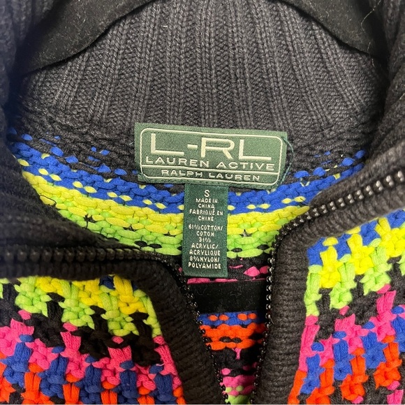 LRL LAUREN RALPH LAUREN Women's Black Full Zip Colorful Neon Yoke Cardigan Small - Picture 4 of 10